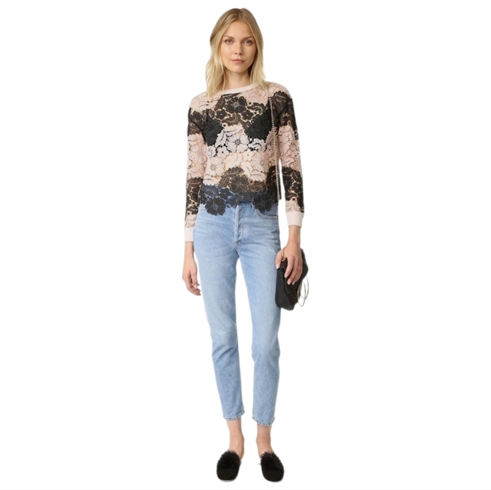 Alice + Olivia Jesse Guipure Lace Panel Black Nude Knit Crewneck Sweater Size XS